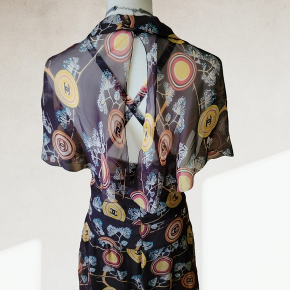 CHANEL @ PARIS |2001 Spring Runway Chinoiserie Silk Chiffon CC Logo Print Dress - Picture 10 of 16
